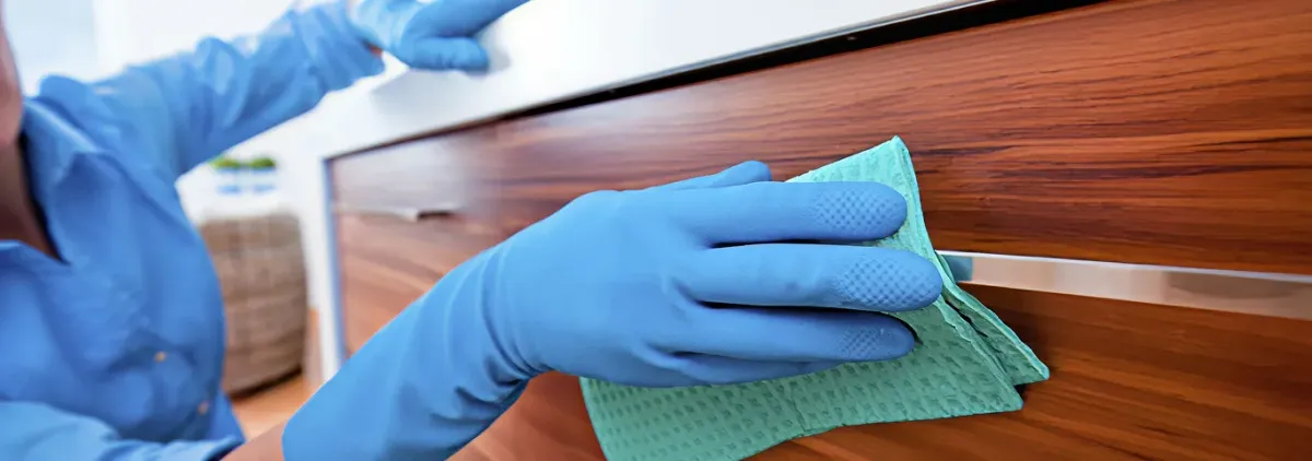 Cleaner wearing blue gloves wiping a wooden cabinet drawer with a microfiber cloth for dust and grime removal, Eugene, OR.